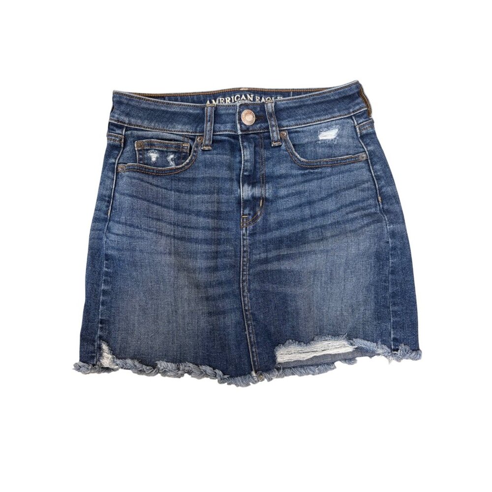 American Eagle Outfitters Distressed Denim Mini Skirt Womens Size 2 Frayed Hem
